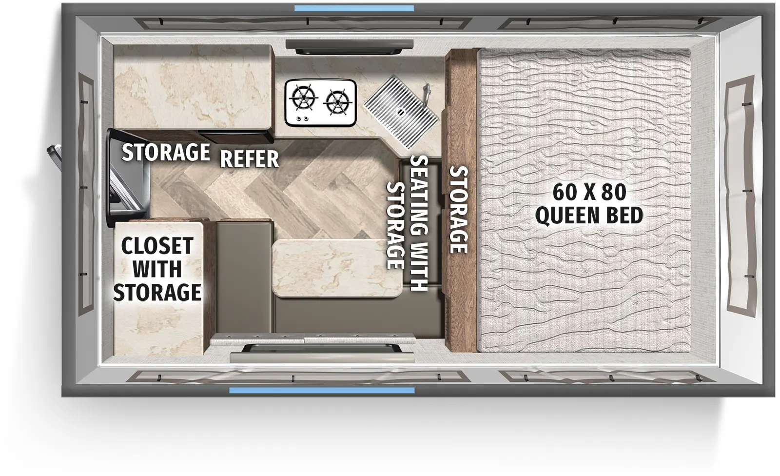 The Backpack Truck Camper SS-1200 floorplan features include: 
